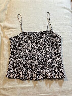 Everlane Black and White Smocked Floral Cami Sz M NWT